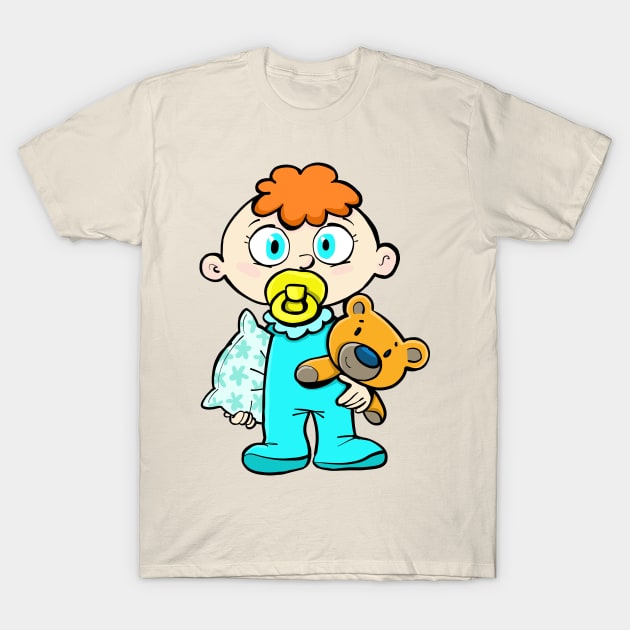 baby boy who can't sleep is holding a pillow and a teddy bear T-Shirt by duxpavlic